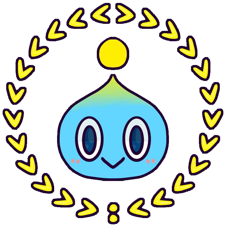 The head of a baby neutral chao from the Sonic the Hedgehog franchise encircled in a decorative yellow pattern. The chao has a teardrop shaped pastel blue head with a small yellow ball floating above it.